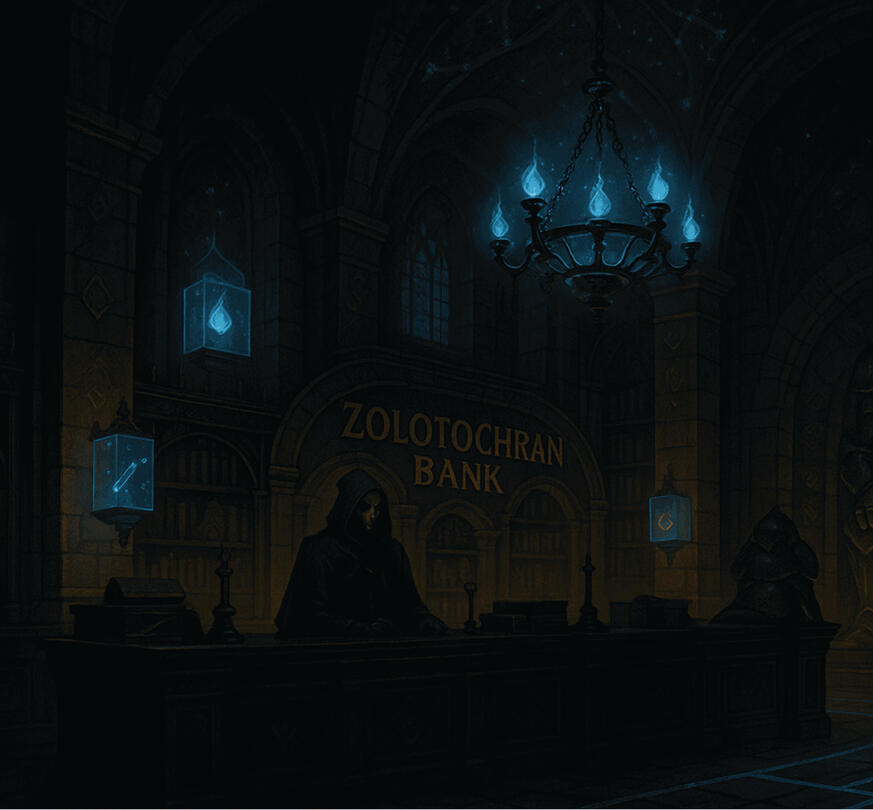 This image is generated by AI solely to enhance the writing experience. It serves as a fictional visualization of the Zolotochran Bank and does not represent any official or real-world institution.
